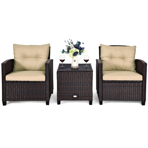 Costway 3PCS Patio Rattan Furniture Set Cushioned Conversation Set Sofa