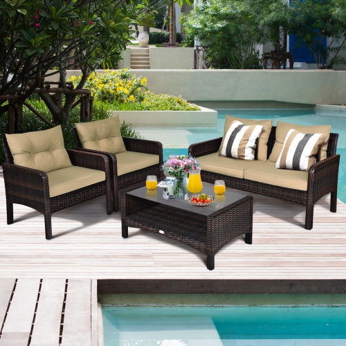Costway 4PCS Patio Rattan Furniture Set Loveseat Sofa Coffee Table Garden W/ Cushion