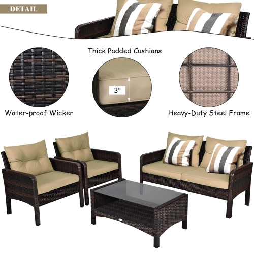 Costway 4PCS Patio Rattan Furniture Set Loveseat Sofa Coffee Table Garden W/ Cushion