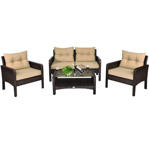 Costway 4PCS Patio Rattan Furniture Set Loveseat Sofa Coffee Table Garden W/ Cushion