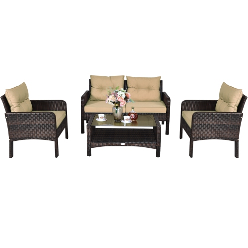 Costway 4PCS Patio Rattan Furniture Set Loveseat Sofa Coffee Table Garden W/ Cushion