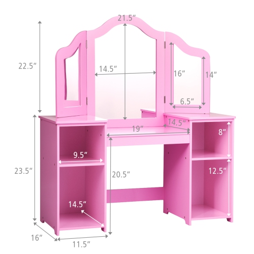 Costway Vanity Table Set Makeup Dressing Kids Girls Study Table Tri Folding Mirror