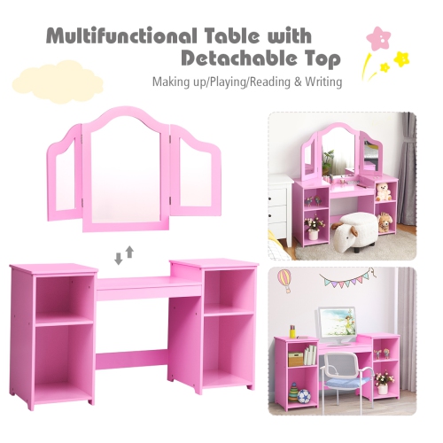 Costway Vanity Table Set Makeup Dressing Kids Girls Study Table Tri Folding Mirror