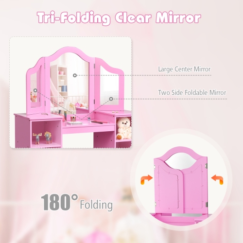 Costway Vanity Table Set Makeup Dressing Kids Girls Study Table Tri Folding Mirror
