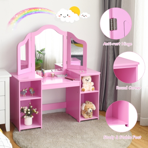 Costway Vanity Table Set Makeup Dressing Kids Girls Study Table Tri Folding Mirror