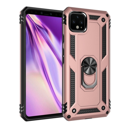 Étui rigide magnétique hybride anti-chute avec porte-anneau pour Google Pixel 4, or rose