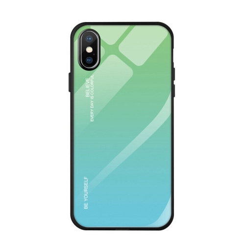 Gradient Tempered Glass Phone Case Cover For iPhone XR Green Cyan