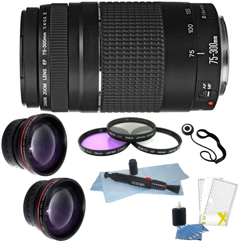 Canon Zoom Telephoto EF 75-300mm f/4.0-5.6 III Lens for T5 T6 T6i + Bundle International Version w/Seller Warranty