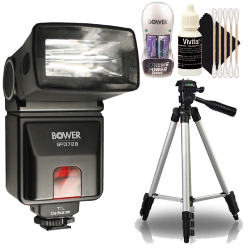Bower SFD728N Automatic TTL Flash for Nikon D7200 + Rechargeable Batteries + Tall Tripod + 3pc Cleaning Kit - International Version w/Seller Warranty