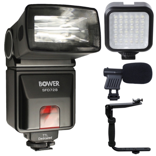 Flash TTL automatique SFD728N de Bower pour appareil photo D7100 de Nikon + lampe DEL + microphone + support flash - version internationale avec gara