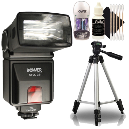 Flash TTL automatique SFD728N de Bower pour appareils photo D5600 de Nikon + batteries rechargeables + trépied haut + trousse de nettoyage 3 pièces -