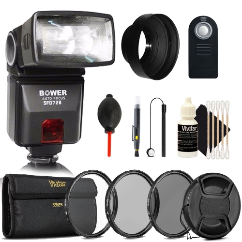 SFD728 Automatic TTL Flash for Nikon i-TTL + 52mm UV CPL ND Kit + Rubber Hood + Remote Control + Cleaning Kit - International Version w/Seller