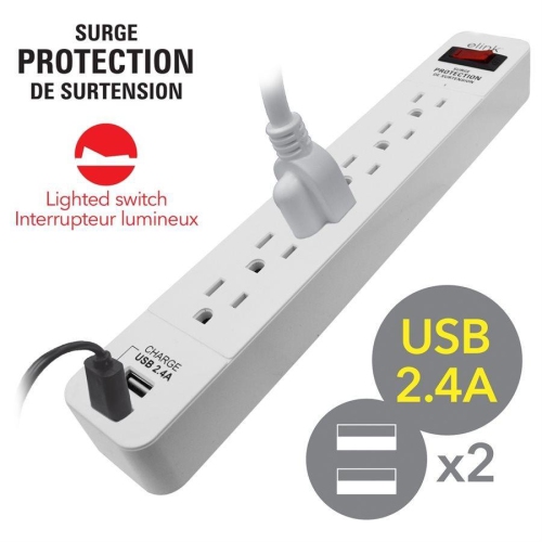 Elink EL458 - 6-Outlet Surge Protector with 2 USB 2.4A Ports, 300 Joules, White