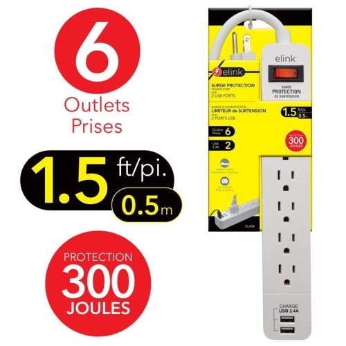 Elink EL458 - 6-Outlet Surge Protector with 2 USB 2.4A Ports, 300 Joules, White