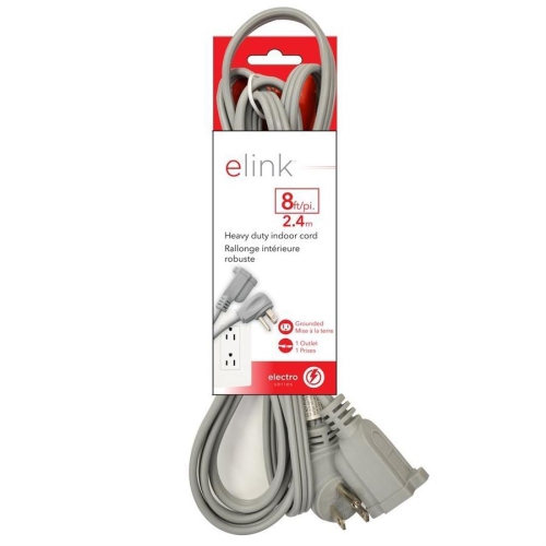 ELINK  Ex-521 - Indoor Heavy Duty Extension Cord, 8 Feet In Grey