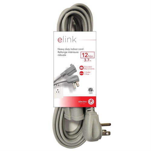 ELINK  Ex-900 - Indoor Heavy Duty Extension Cord, 12 Feet In Grey