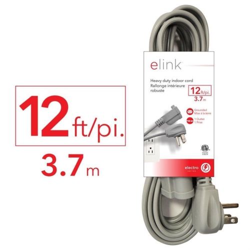 Elink EX-900 - Indoor Heavy Duty Extension Cord, 12 Feet, Grey