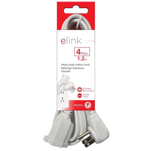 Elink EX-901 - Indoor Heavy Duty Extension Cord, 4 Feet, White