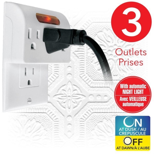 Elink EL-4522 - 3-outlet Wall Power Strip with Automatic Night Light, White
