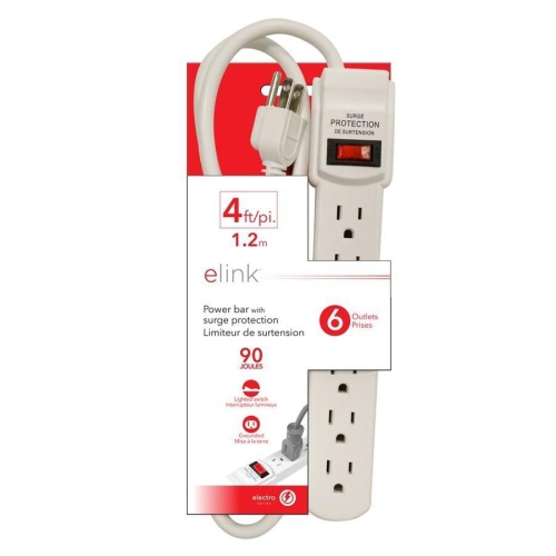 Elink EL-674 - 6 Outlet Power Bar with Surge Protector, 4 Feet, White