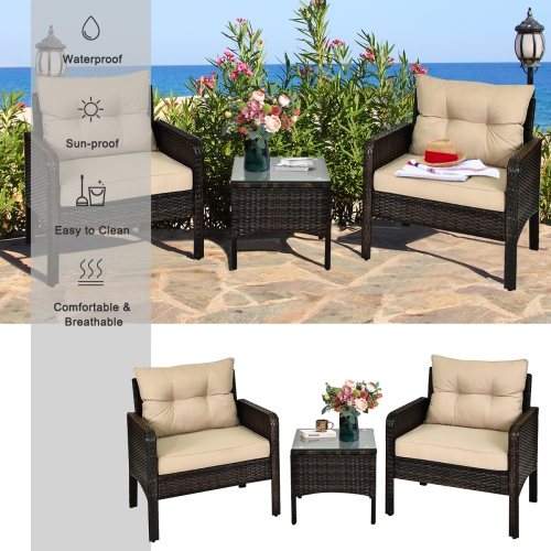 Gymax 3PCS Patio Outdoor Rattan Furniture Set w/ Cushioned Chairs Coffee Table
