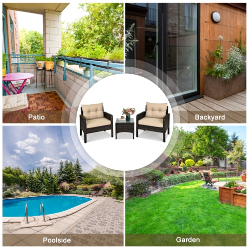 Gymax 3PCS Patio Outdoor Rattan Furniture Set w/ Cushioned Chairs Coffee Table