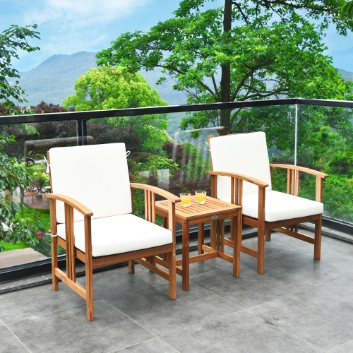 GYMAX  3PC Outdoor Patio Sofa Furniture Set Solid Wood Cushioned Conversation Set In White