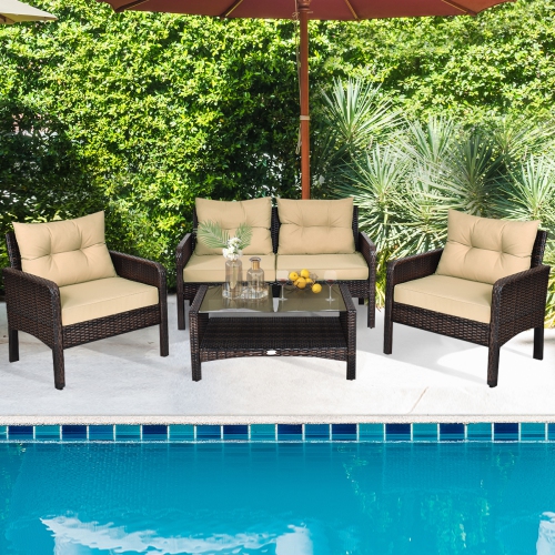 GYMAX  4PCs Rattan Patio Conversation Set Cushioned Outdoor Furniture Set