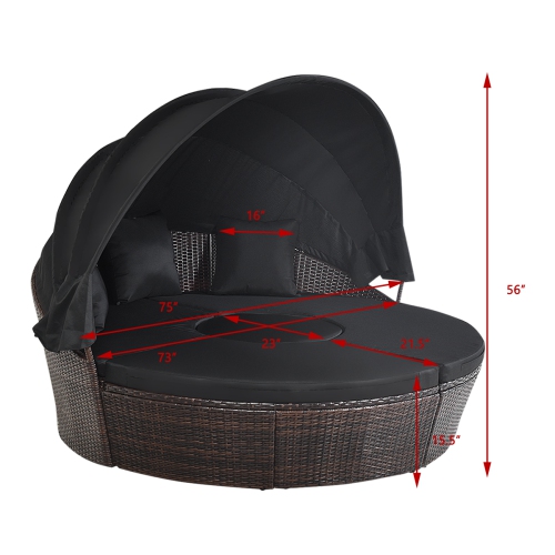 Gymax Cushioned Patio Rattan Round Daybed w/ Adjustable Table 3 Pillows Black