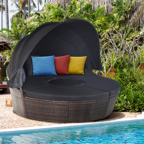 Gymax Cushioned Patio Rattan Round Daybed w/ Adjustable Table 3 Pillows Black