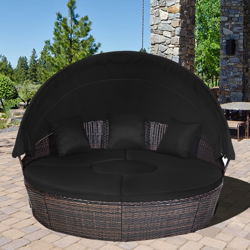 Gymax Cushioned Patio Rattan Round Daybed w/ Adjustable Table 3 Pillows Black