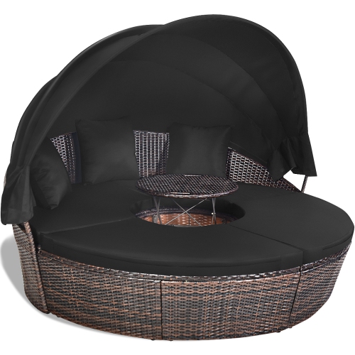 Gymax Cushioned Patio Rattan Round Daybed w/ Adjustable Table 3 Pillows Black