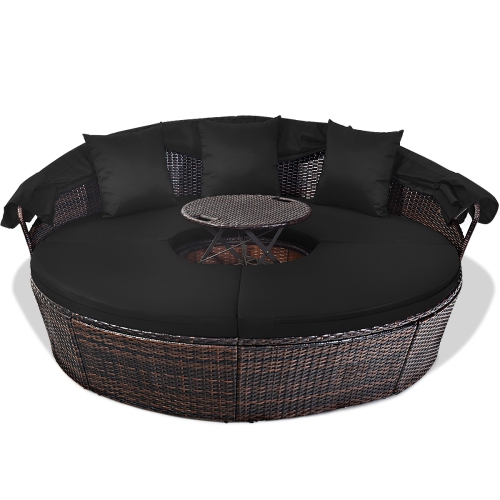 Gymax Cushioned Patio Rattan Round Daybed w/ Adjustable Table 3 Pillows Black
