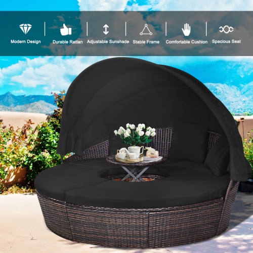 Gymax Cushioned Patio Rattan Round Daybed w/ Adjustable Table 3 Pillows Black