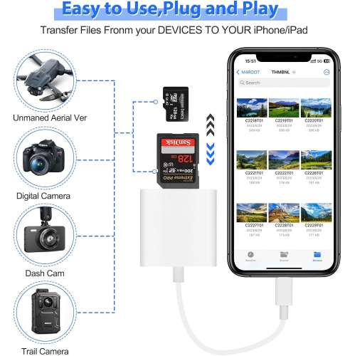 Lecteur de cartes SD à deux fentes pour iPod 2-en-1 de iPhone iPad lecteur de cartes SD et TF/Micro Carte mémoire Adaptateur moniteur de photos de
