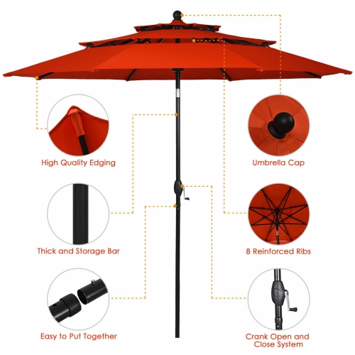 Gymax 10ft 3 Tier Patio Market Umbrella Aluminum Sunshade Shelter Double Vented Orange