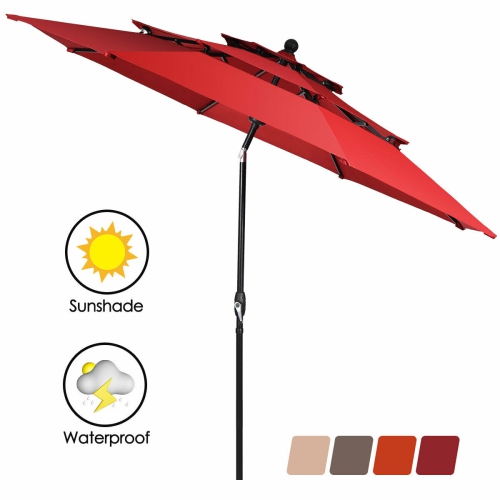 Gymax 10ft 3 Tier Patio Market Umbrella Aluminum Sunshade Shelter Double Vent Burgundy
