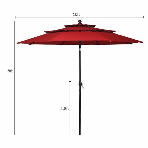 Gymax 10ft 3 Tier Patio Market Umbrella Aluminum Sunshade Shelter Double Vent Burgundy