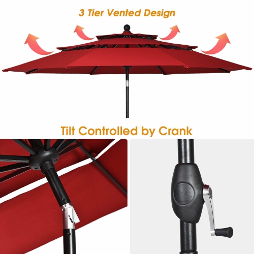 Gymax 10ft 3 Tier Patio Market Umbrella Aluminum Sunshade Shelter Double Vent Burgundy