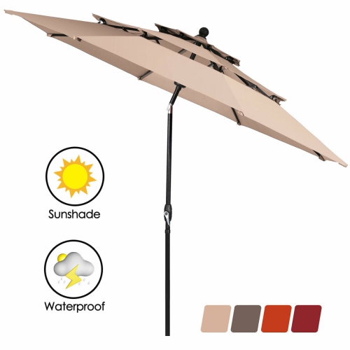 Gymax 10ft 3 Tier Patio Market Umbrella Aluminum Sunshade Shelter Double Vented Beige