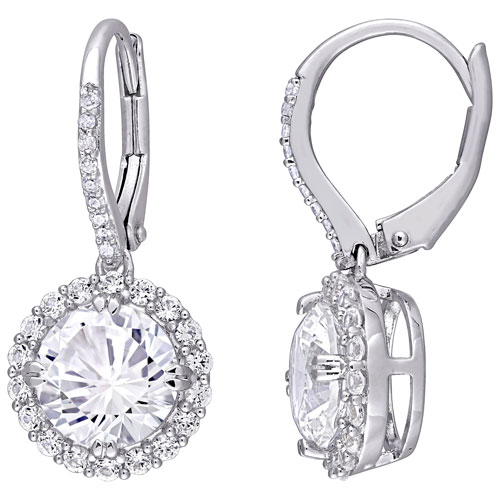 Boucles d'oreilles en argent sterling avec diamants 0,09 ct et saphirs blancs synthétiques d'Amour