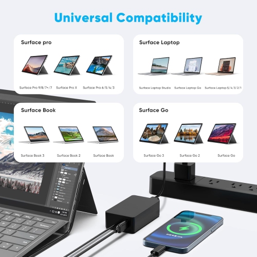 Chargeur adaptateur 2,58 A 12 V de 36 W pour Surface Pro 3 Pro 4 Pro 5 de Microsoft avec port de chargement USB et cordon 6 pi -