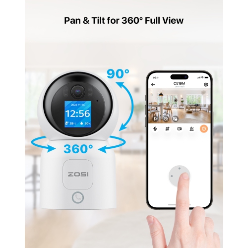 ZOSI 2pcs C519M 360° PTZ 2.5K 4MP Indoor Security Camera for Pet/Baby with 1.44-inch screen, 2-Way Video, One-Touch Call, AI Human Tracking, 2.4G/5G