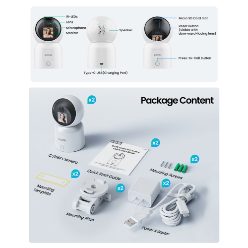 ZOSI 2pcs C519M 360° PTZ 2.5K 4MP Indoor Security Camera for Pet/Baby with 1.44-inch screen, 2-Way Video, One-Touch Call, AI Human Tracking, 2.4G/5G
