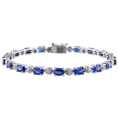 Amour Blue Oval Sapphire & 0.02 ctw White Diamond Tennis Bracelet on Sterling Silver
