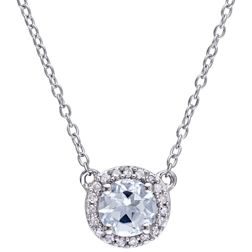 Amour Round Aquamarine & 0.018 ctw Diamond Halo Solitaire Pendant on 18" Sterling Silver Chain