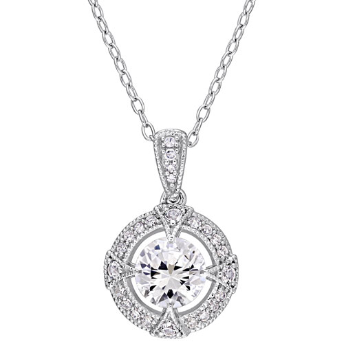 Amour White Created Sapphire & 0.096 ctw Diamond Halo Solitaire Pendant on 18" Sterling Silver Chain