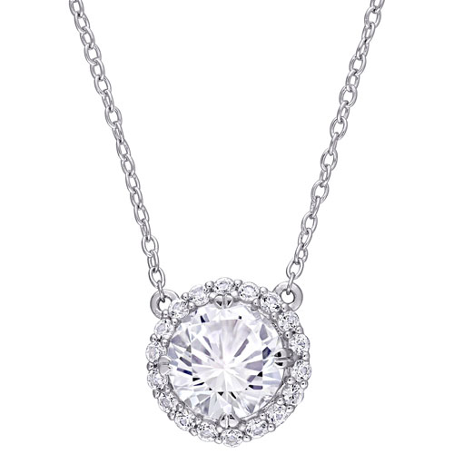 Amour White Round Created Sapphire Halo Solitaire Pendant on 18" Sterling Silver Chain