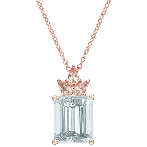 Amour Octagon Ice Aquamarine Pendant on 18" Rose Plated Silver Chain
