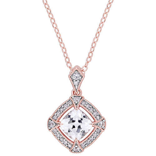 Amour White Cushion Created Sapphire & 0.105 ctw Diamond Pendant on 18" Rose Plated Silver Chain